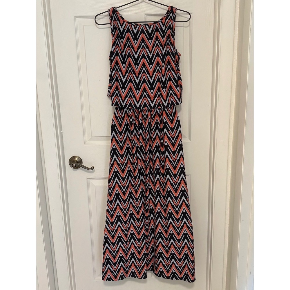 Robert Louis Maxi Dress M Orange Black Chevron Popover Sleeveless Stretch